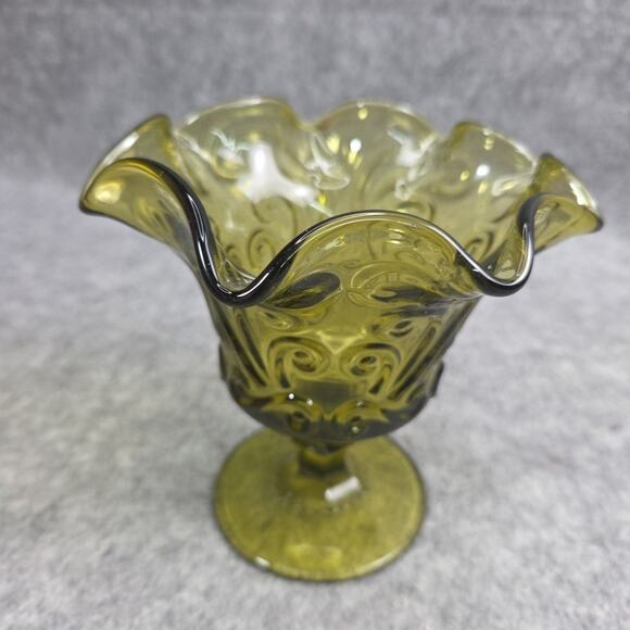 Imperial Atterbury Scroll Green Ruffled Glass Compote Olive Verde Candy Dish - Picture 10 of 13